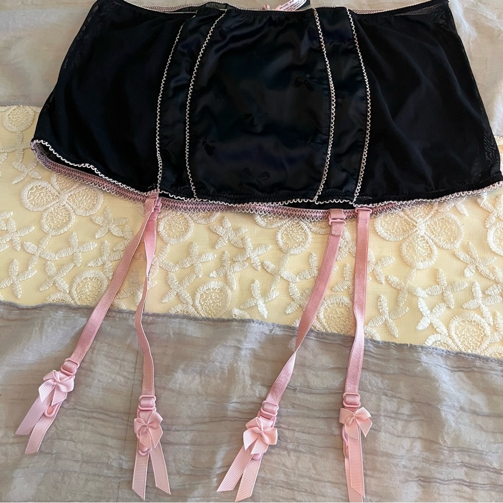 Victoria’s Secret Pink & Black Garter Skirt - Vintage Black Satin Fabric & Mesh